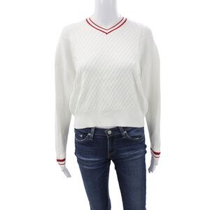 Beige Womens Pullover Sweater White V Neck Argyle Long Sleeve Size S